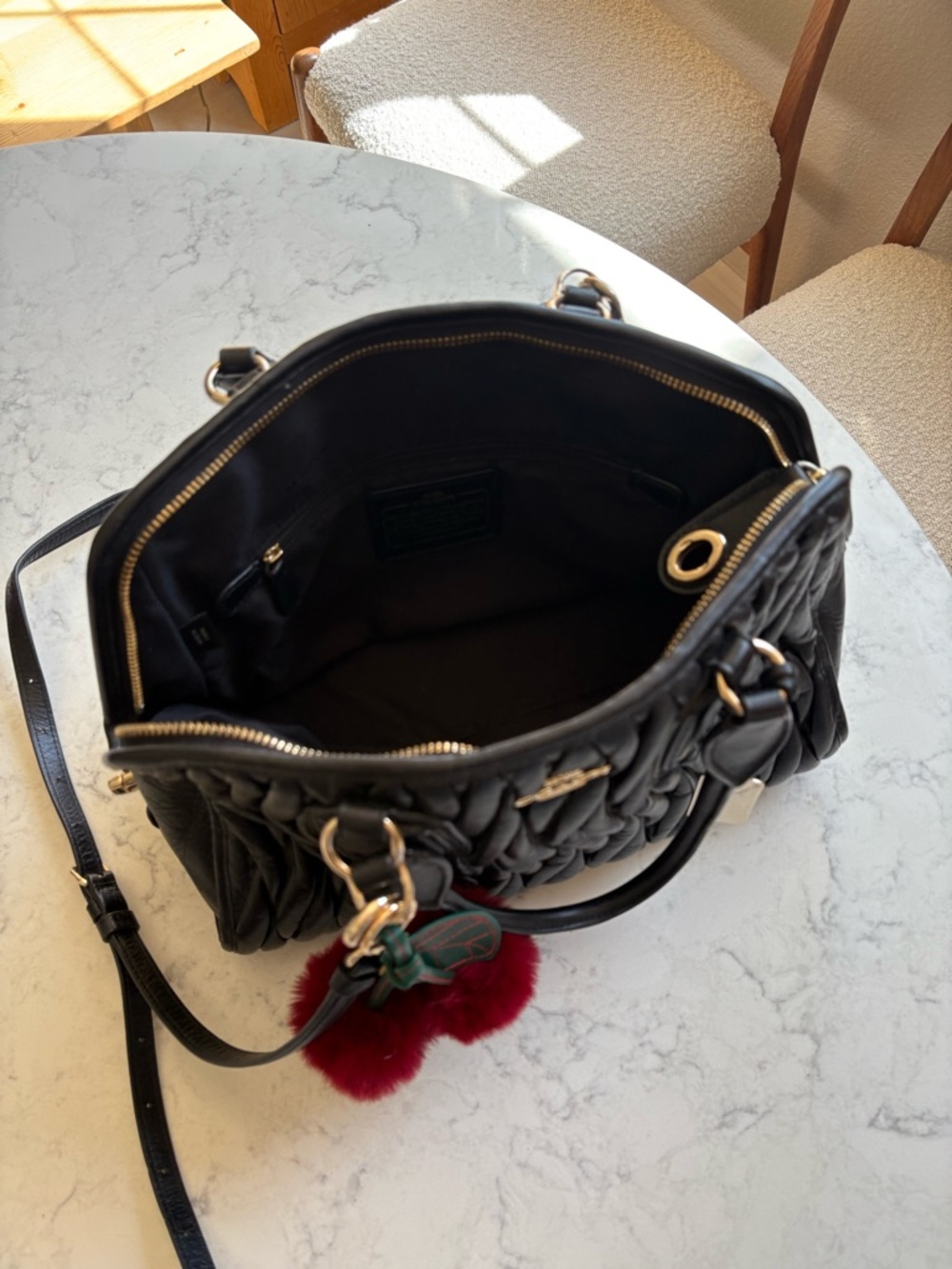 Coach Black Quilted Leather Shoulder Bag with Red Pom Pom Charm - Picture 5 of 12